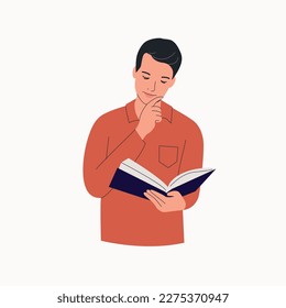 Young man reading book isolated. Vector flat illustration