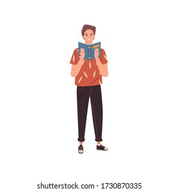 Young man reading book. Young man with literature in hands. Reading books hobby, student study and preparing for examination, book lover, reader. Flat cartoon vector illustration.