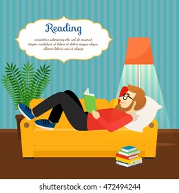 Young man reading book on comfortable sofa. Relax and home relax vector illustration