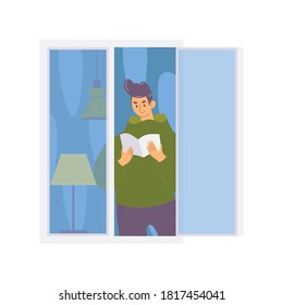 Young man reading a book in open window. Vector concept character design with interior elements