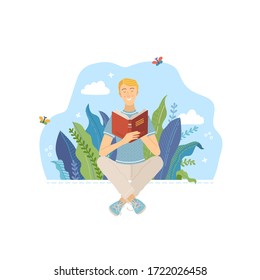 Young man reading book outdoor. Spending summertime weekend at nature with book vector illustration. Boy relaxing and studying in park. Literature hobby and happy lifestyle.