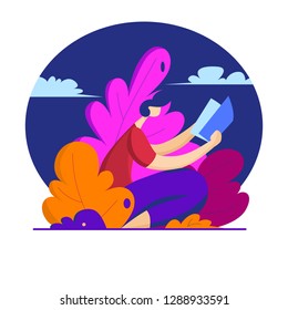 Jovem lendo um livro no parque. Ilustração vetorial em estilo plano