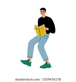 Young Man Reading Book Searching for Information Vector Illustration