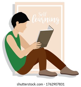 Young man reading a book. Self learning - Vector