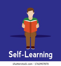 Young man reading a book. Self learning - Vector