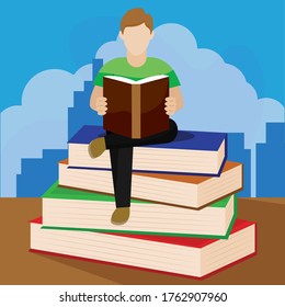 Young man reading a book. Self learning - Vector