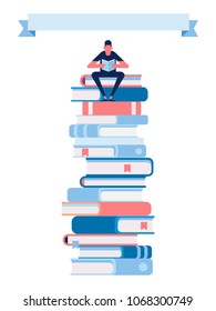 Young Man reading book  sitting on large stack of books.  Cartoon flat vector illustration isolated on white background.

