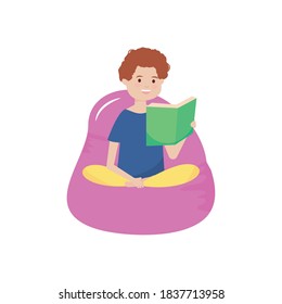 joven leyendo un libro sentado en una ilustración vectorial de una silla de frijol