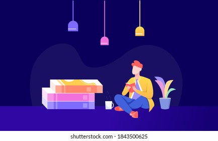 Young man reading book sitting on floor. Concept living room with Tob, student or businessman. Vector illustration