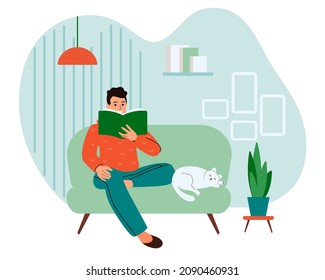 Young man reading a book sitting on the couch illustration Living room concept with couch, student or businessman. Vector illustration.
