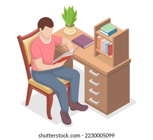 Young man reading book sitting in chair isometric vector. An intelligent reader enjoys literature or studies. Concept living room with desk and shelf. 