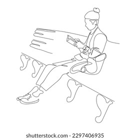 Young man reading a book and sitting on bench in park. Backback close to him. Vector illustration in line art style.