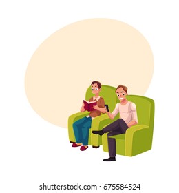 Young man reading book sitting in comfortable armchair, wearing slippers, another playing with smartphone, messaging, using mobile phone, cartoon vector illustration with space for text.