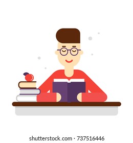 Young man reading a book sitting at the desk with piles of books. Student at the library. Flat style vector illustration isolated on white background.