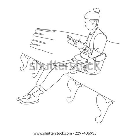 Young man reading a book and sitting on bench in park. Backback close to him. Vector illustration in line art style.