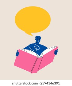 Young man reading book. Speech bubble above. Colorful vector illustration


