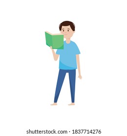 young man reading book standing cartoon vector illustration