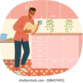 Young man reading book standing near table, studying at home. Guy student is resting with book, male character is fond of literature, enjoys reading, gets education