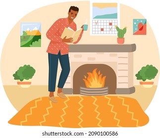 Young man reading book standing near table, studying at home. Guy student is resting with book, male character is fond of literature, enjoys reading, gets education