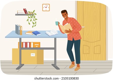 Young man reading book standing near table, studying at home. Guy student is resting with book, male character is fond of literature, enjoys reading, gets education