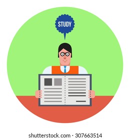 Young man reading book and study. Flat design vector illustration concept.