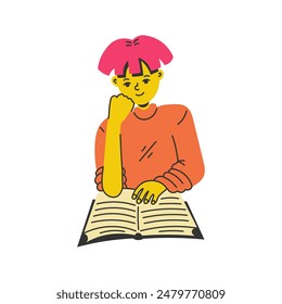 Junger Mann liest Buch. Stilvoller rosa haariger Junge im Pullover studieren. Literatur Archiv Exchange Crossing Bookstore Wissenskonzept. Vektorillustration
