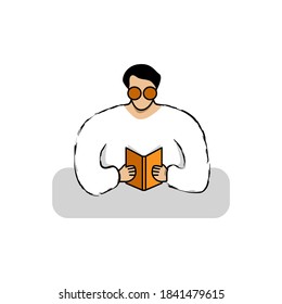 Young man reading book at table. Abstract cartoon flat character isolated on white background. Vector illustration