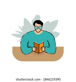 Hombre joven leyendo un libro en la mesa. Caricatura abstracta de personaje plano aislado en fondo blanco. Ilustración del vector