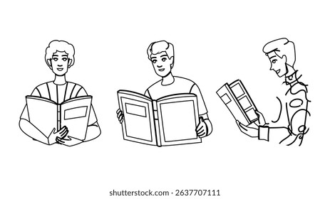 young man reading book vector. leisure adult, business sitting, guy home young man reading book character. people black line pencil drawing illustration