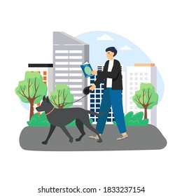 Young man reading book walking with dog in the street, flat vector illustration. Male character studying, enjoying free time with reading favorite book. Hobby and leisure activity, education.