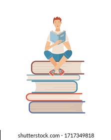 Young man reading book while sitting on stack of books. Boy relaxing with book isolated on white background. Literature hobby and happy lifestyle. Student studying with textbook vector illustration