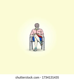A young man reading a book while sitting alone. Vector illustration.