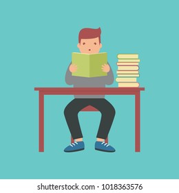 Young man reading books illustration in flat style