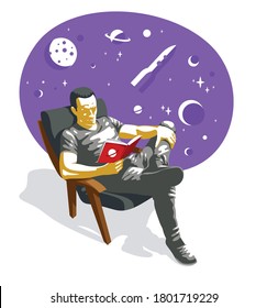 Young man reading fantastic book about space travel vector illustration isolated, fiction literature about fantastic cosmos adventures on a rocket.