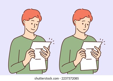 Young man reading good and bad news in paper letter. Male look at paperwork document receive positive versus negative answer or feedback. Vector illustration. 