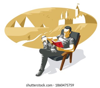 Young man reading historical novel book about fortresses and Egypt pyramids vector illustration isolated, fiction literature about ancient history, or historical science.