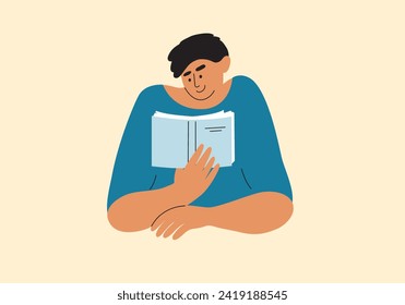 Joven leyendo un libro de mano. Persona masculina lee el concepto de amante. Un adolescente mira la página con interés lee literatura extracurricular. Día de la alfabetización, escuela, ilustración del vector de la educación