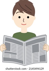 A young man reading a horizontal newspaper (such as an English newspaper)