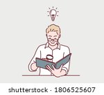Young man reading a interesting book with magnifying glass. Hand drawn style vector design illustrations.