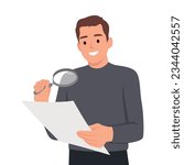 Young man reading a interesting book with magnifying glass. Hand drawn style vector design illustrations. Flat vector illustration isolated on white background