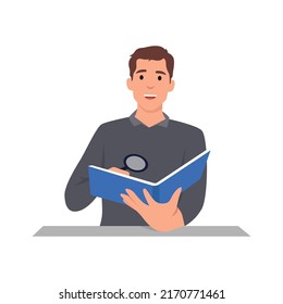 Young man reading a interesting book with magnifying glass cartoon character . Flat vector illustration isolated on white background