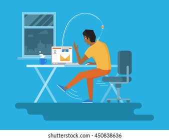 Young man reading a new email on the laptop midnight and being picked up by the fishing rod. Concept flat illustration of phishing attack via spam email with virus