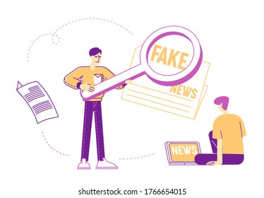 Young Man Reading News on Laptop. Male Character Using Magnifier for Browsing Information in Internet, Online Surfing and Info Research. People Read Fake News Concept. Linear Vector Illustration