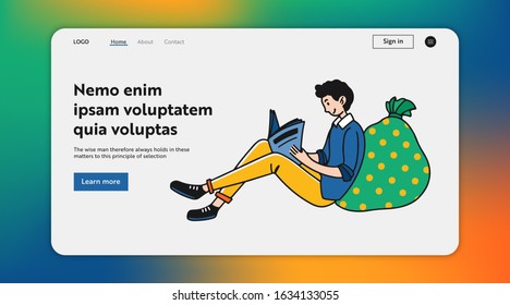 Young man reading newspaper. Beanbag, home, morning flat vector illustration. Daily press, news, publication concept for banner, website design or landing web page