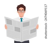 Young man reading newspaper. Flat vector illustration isolated on white background
