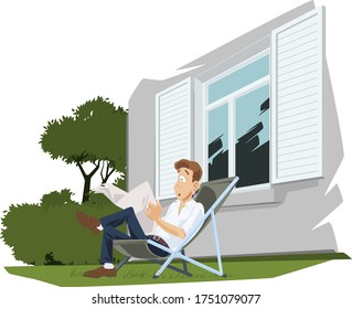 Young man reading newspaper. Guy in deck chair about house. Stock Illustration.