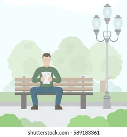 Young man reading newspaper on the bench. Rest and outdoor quiet time. Vector flat illustration.