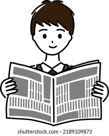 A young man reading a newspaper with a smile (upper body)