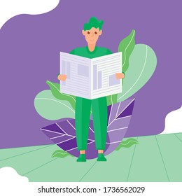 Young man reading a newspaper vector illustration. Studying news, getting information.