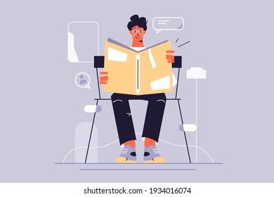 Joven leyendo ilustración vectorial de periódico. Hombre portando noticias diarias sentado en una silla de estilo plano. Educación, rutina matutina, concepto de hobby. Aislado sobre fondo gris